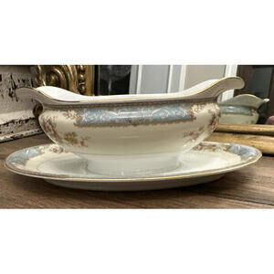 Noritake Bluedawn 622 Gravy Boat with Attached Underplate Blue Floral Gold Trim